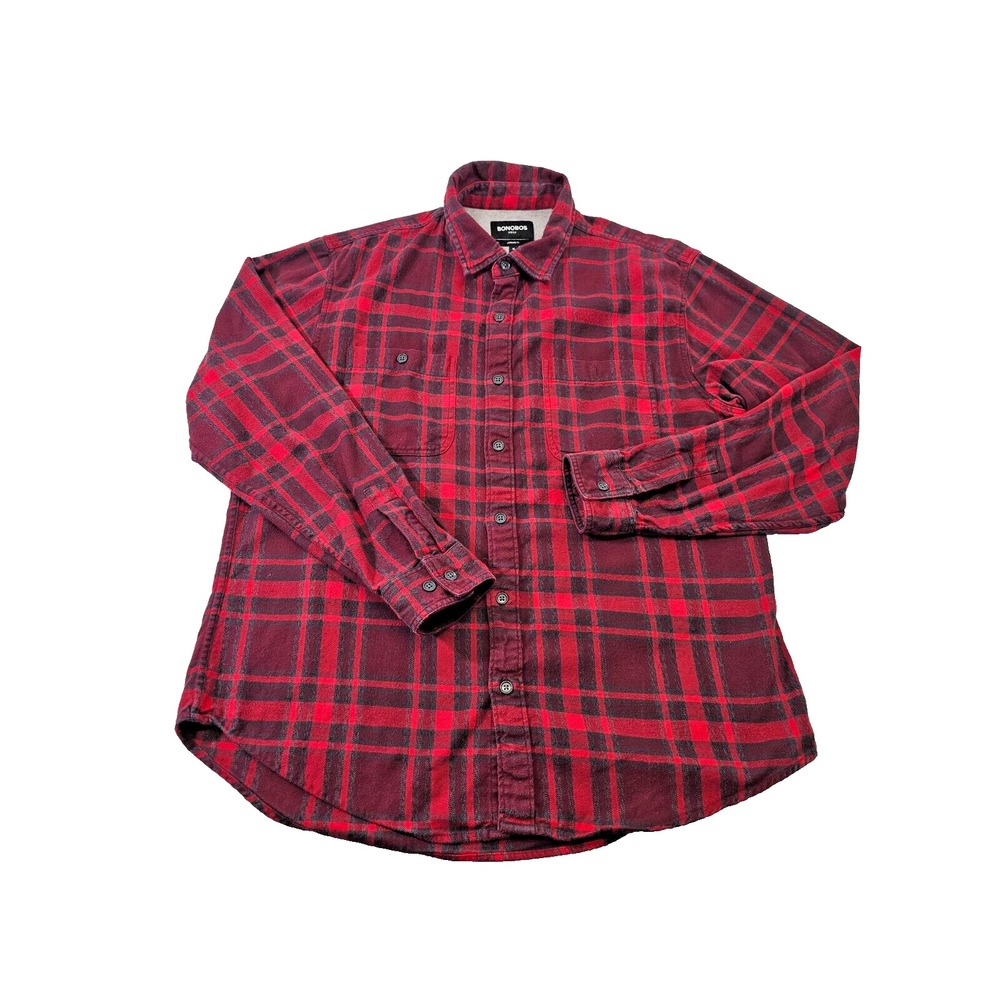 BONOBOS Men's XL Standard Fit Fireside Flannel Shirt Red Plaid Button Down EUC